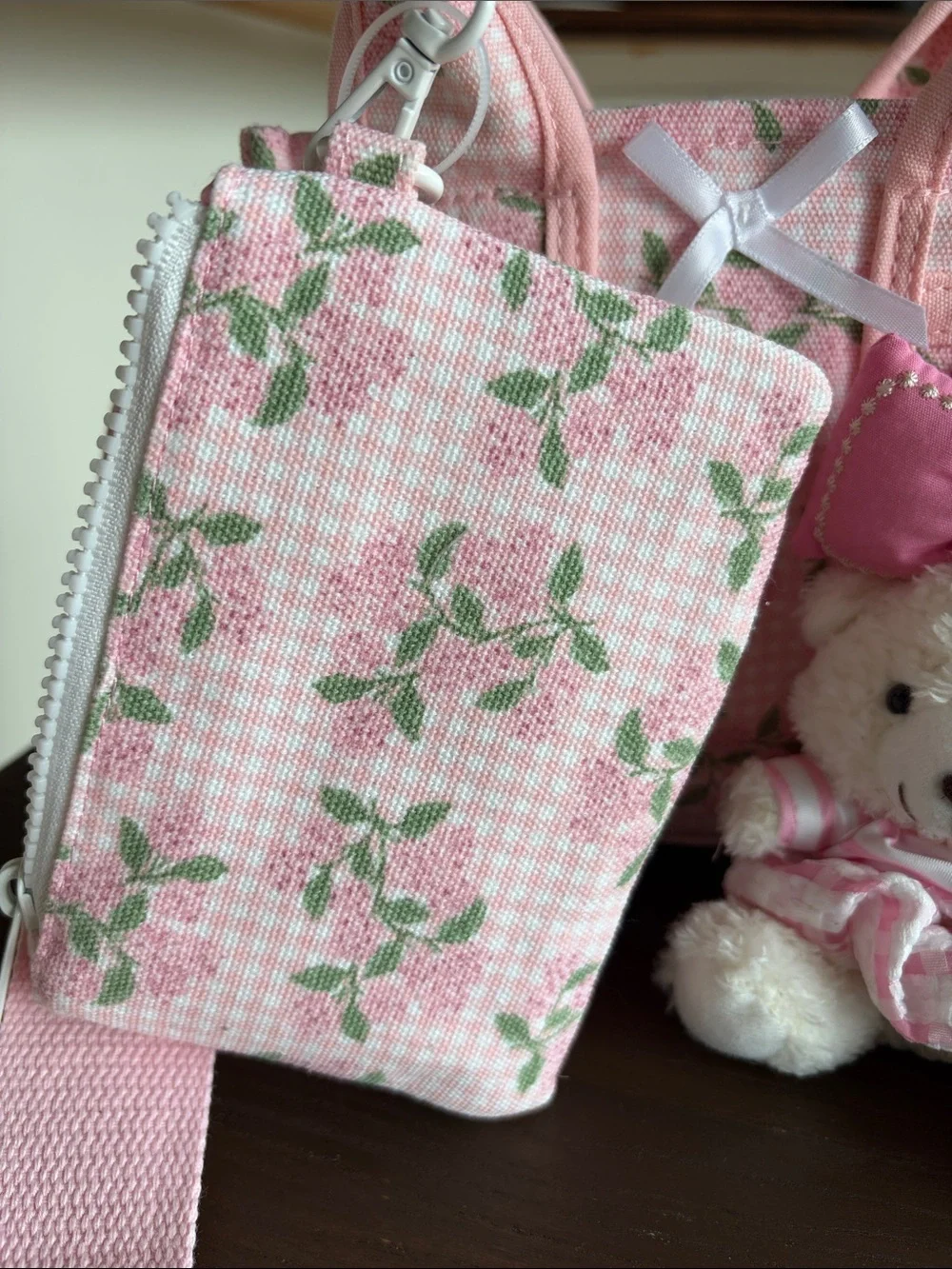 Madden Girl Pink Floral Crossbody with Bear Charm and Matching Pouch